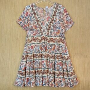 Bila Mini Dress Womens Large Floral Paisley Tiered Boho Indie Festival Flowy